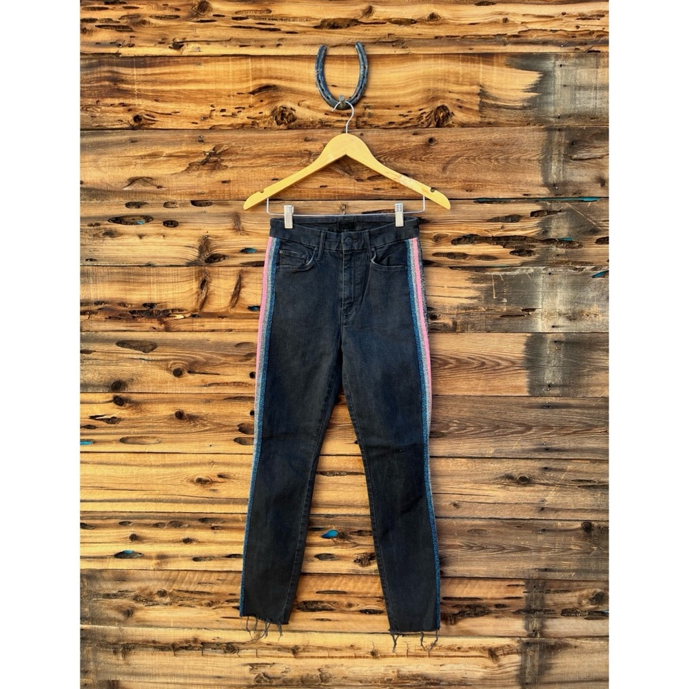 MOTHER | High Waisted Looker Ankle Fray Black Guilty Glitter Racer Stripe Jeans